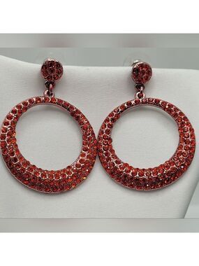 ✨2/$10✨ Red Stones Crystals Large Round Circle Earrings Dangle Silver-tone